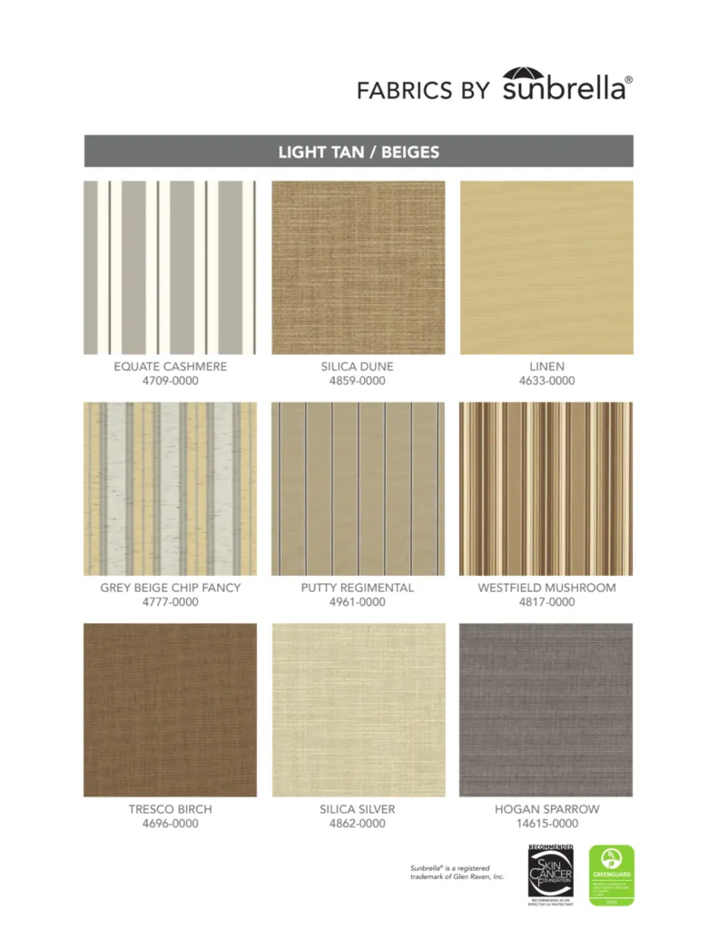 Light Tan & Beige Sunbrella Fabrics Sunbrella light tan and beige awning fabrics - 9 colors including Linen, Silica Dune, Equate Cashmere for Northwest Arkansas homes
