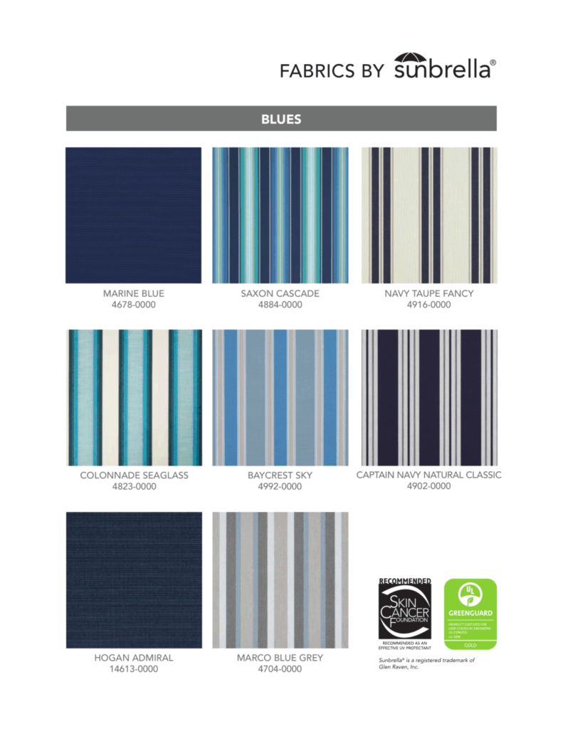 Sunbrella blue awning fabrics - 8 colors including Marine Blue, Saxon Cascade, Baycrest Sky for Arkansas outdoor spaces