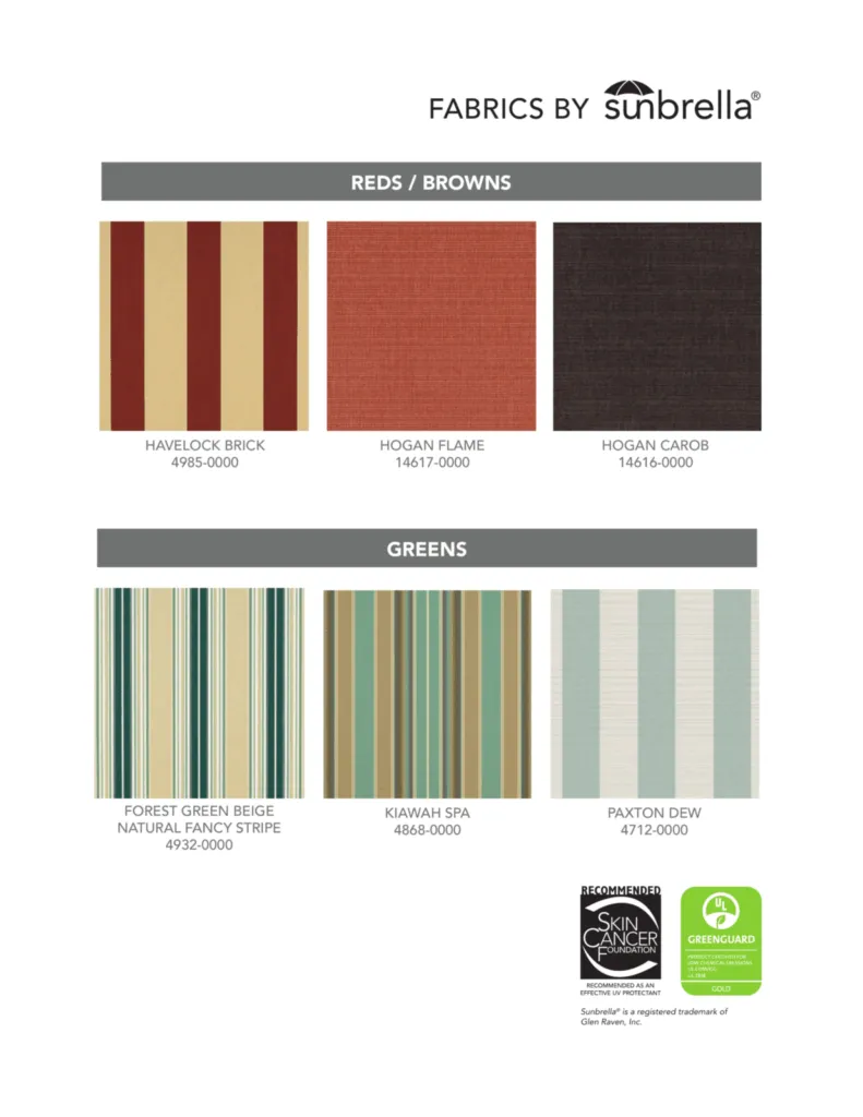 Red, Brown & Green Sunbrella Fabrics Sunbrella red brown and green awning fabrics - Havelock Brick, Hogan Flame, Kiawah Spa for NWA patios and decks